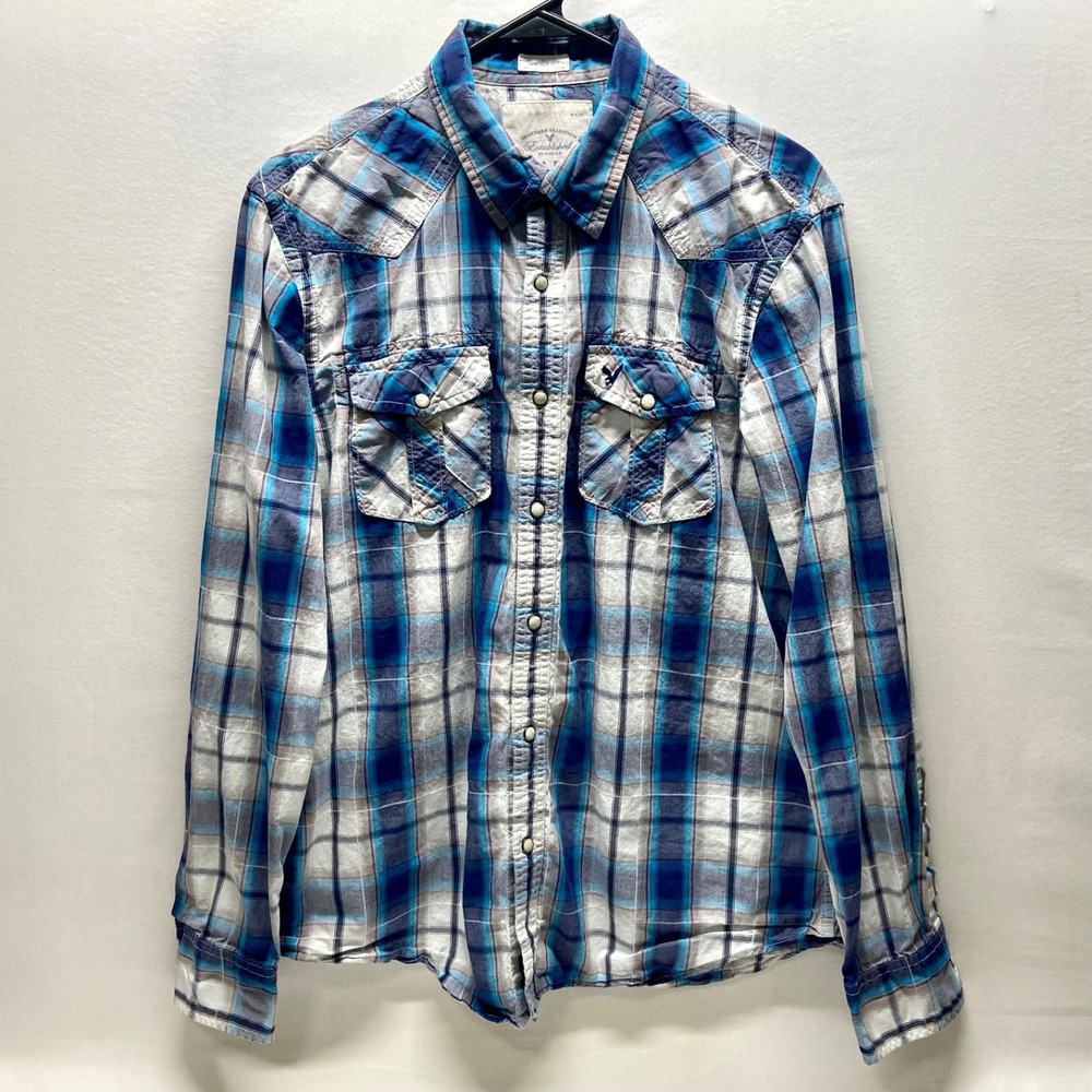 American Eagle Button Down Shirt Men's Large Blue Plaid Vintage Fit Western EUC